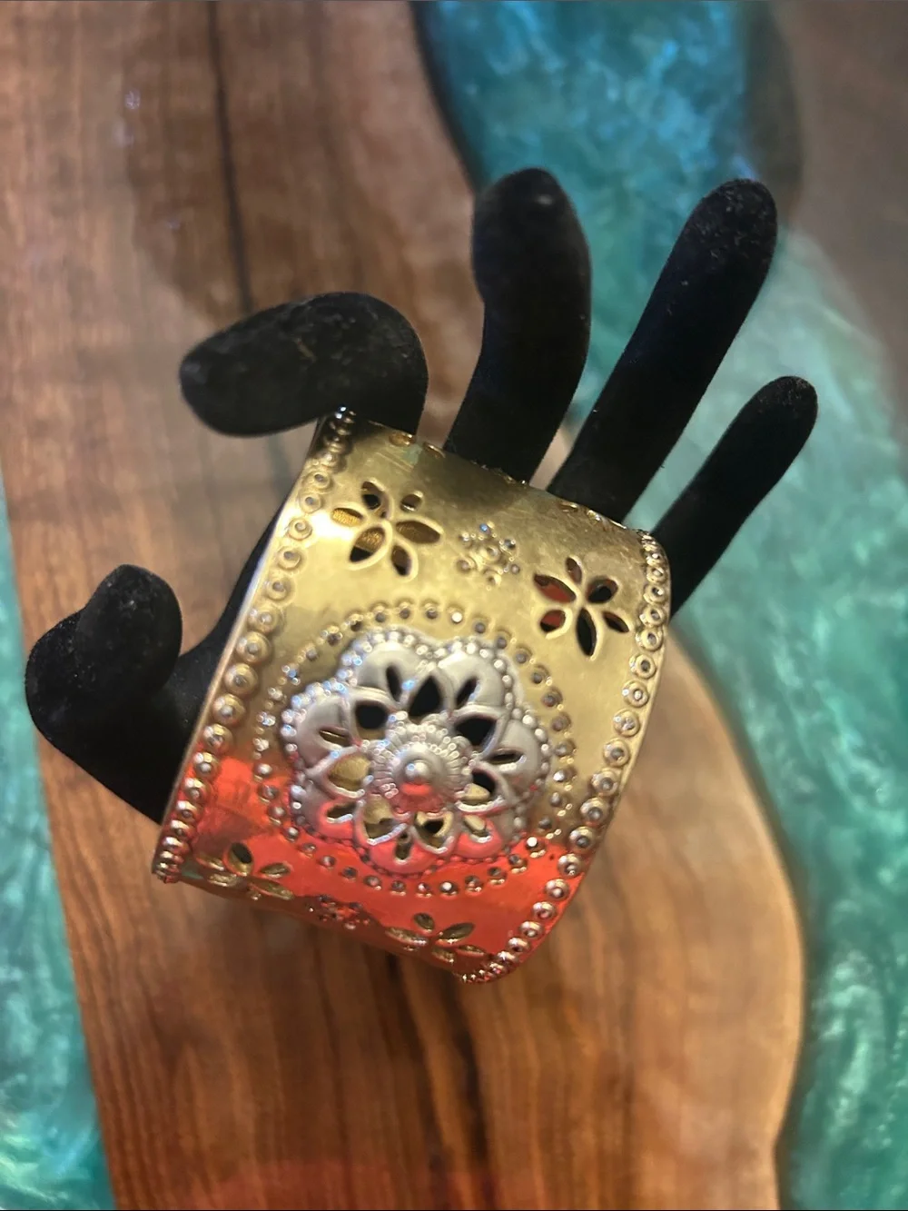 Lucky gold-tone floral cutout cuff bracelet intricate medallion center